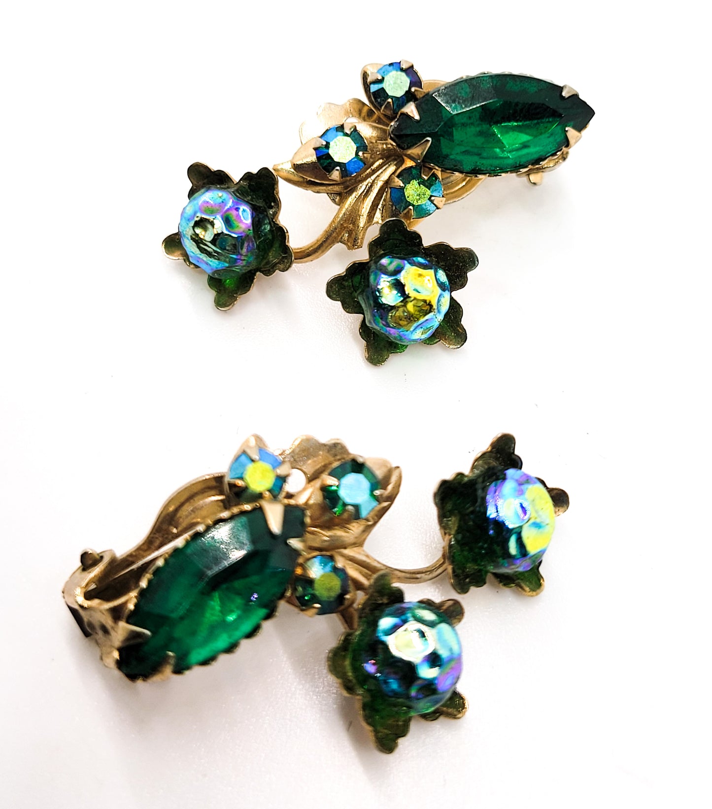 Green Aurora Borealis molded glass and rhinestone vintage clip on earrings
