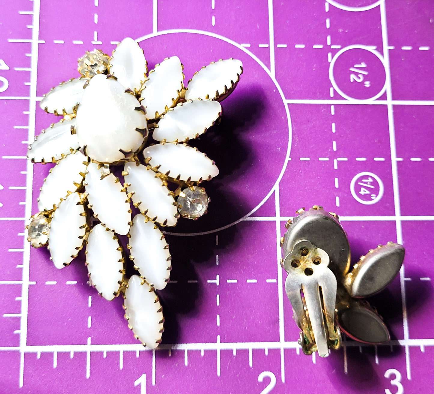 White cat's eye and faux pearl prong set vintage brooch and earrings set