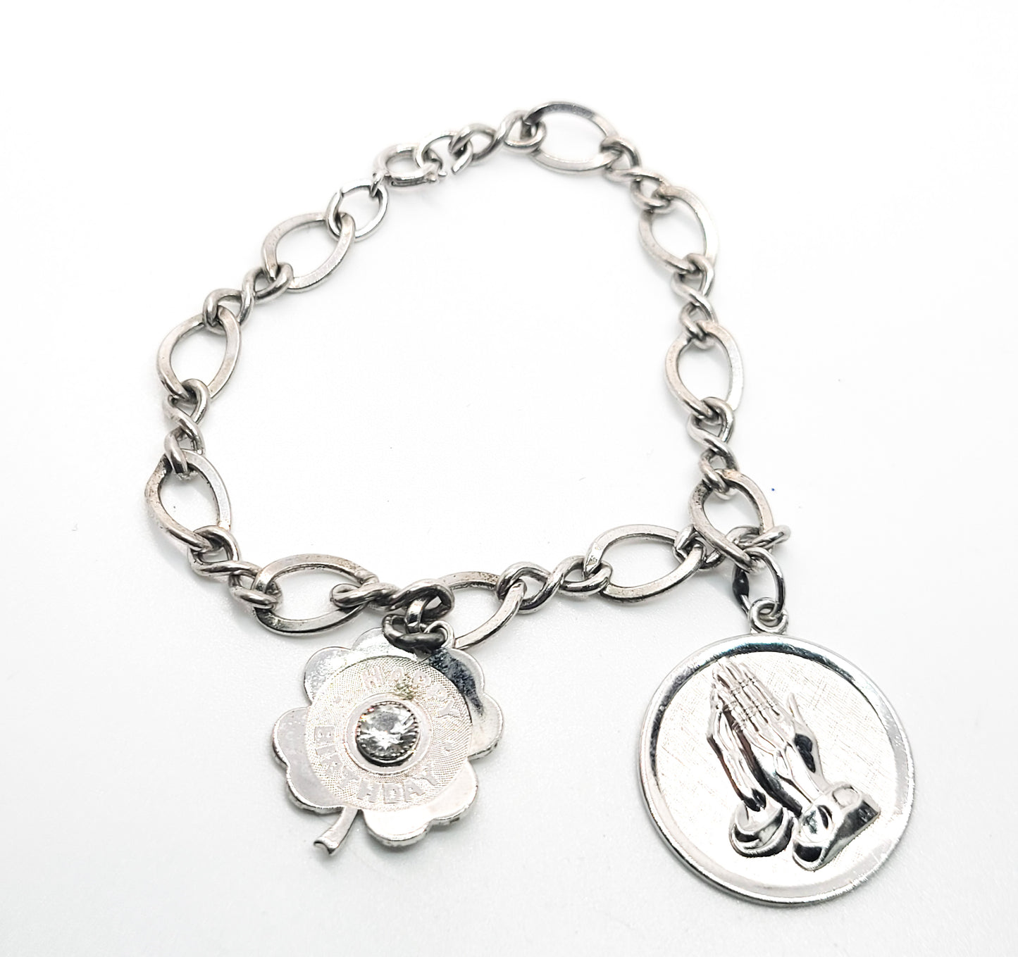 Vintage Aquamarine Sterling silver charm bracelet Happy Birthday and prayer charm