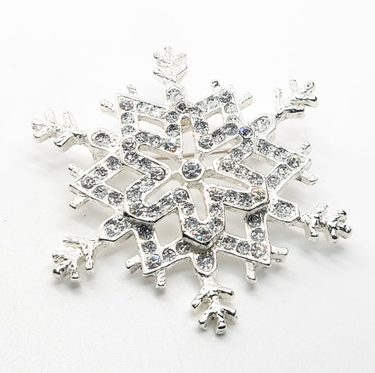 Silver snowflake winter clear rhinestone brooch