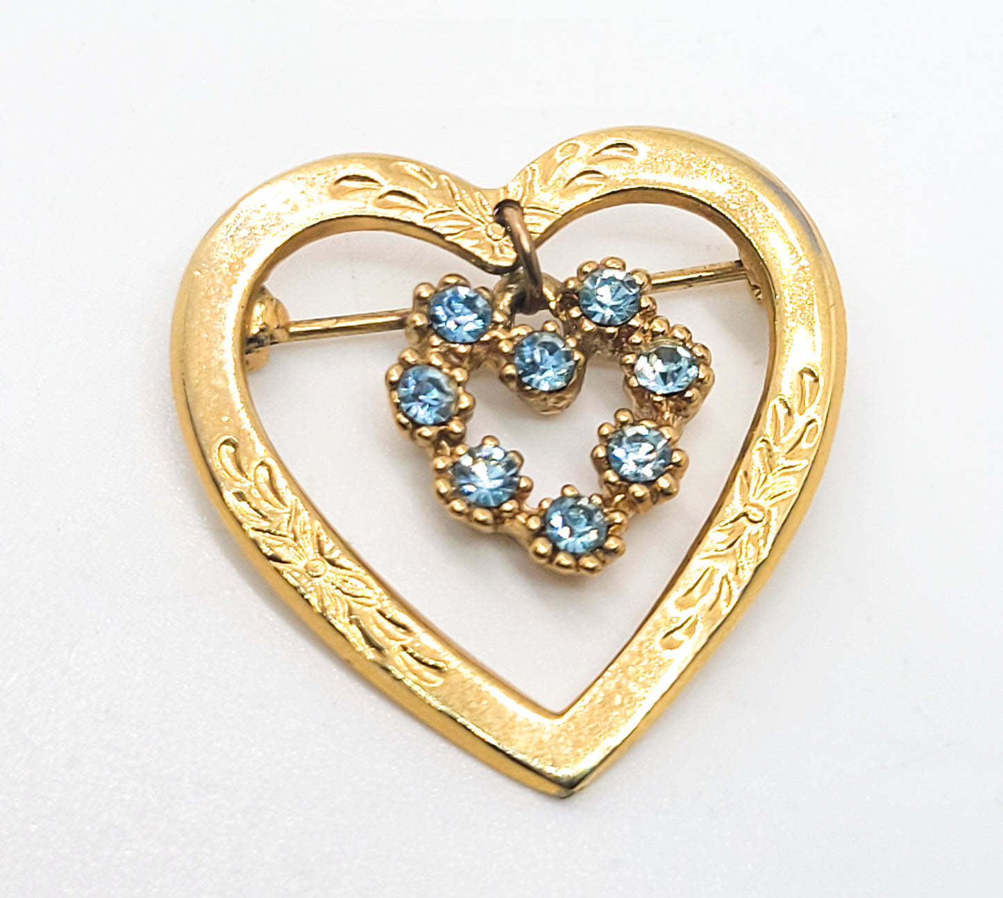 Aqua blue rhinstone gold toned etched heart charm vintage brooch