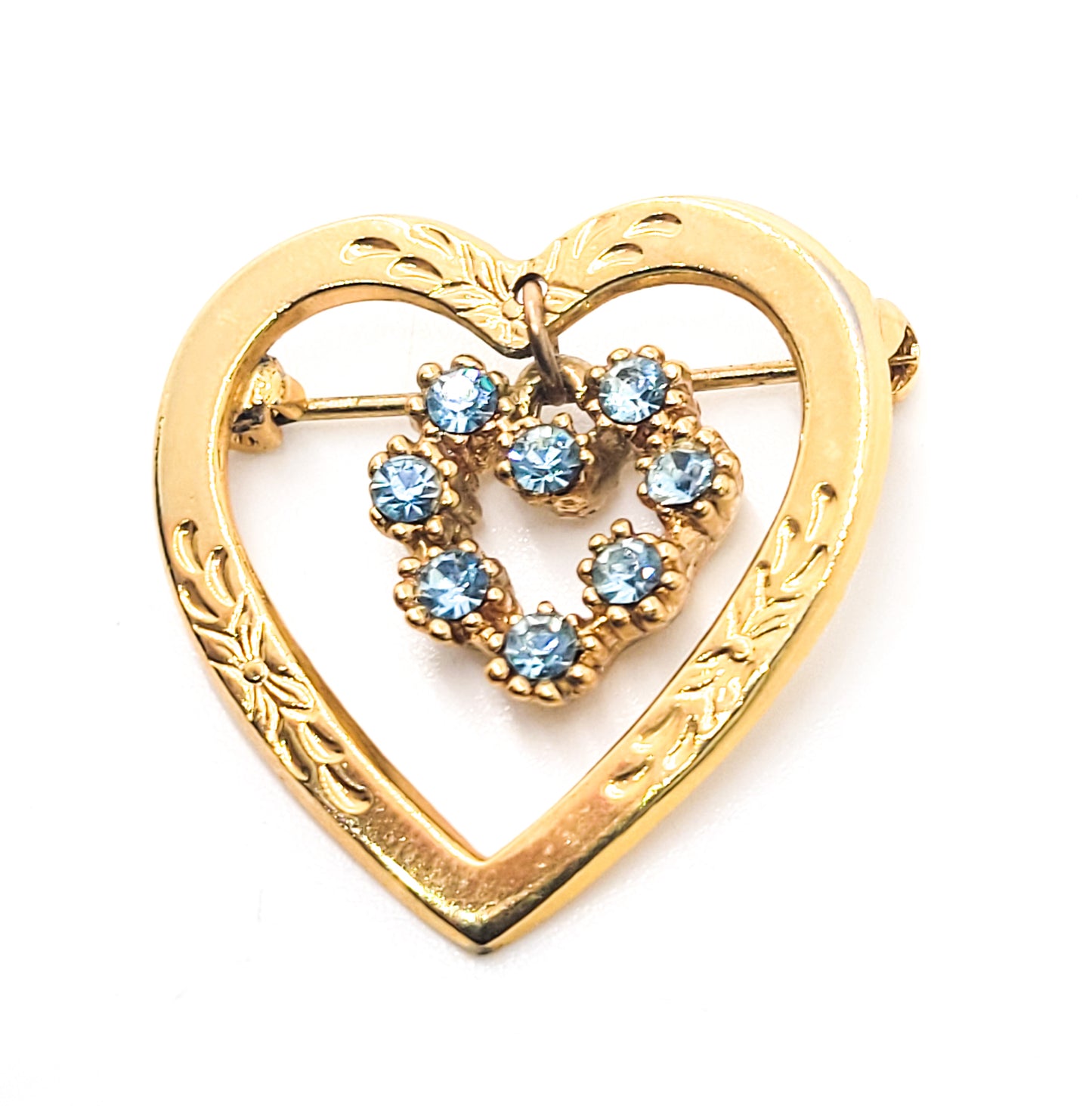 Aqua blue rhinstone gold toned etched heart charm vintage brooch