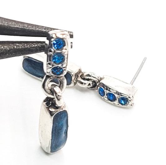 Aqua blue rhinestone and enamel silver plated drop earrings