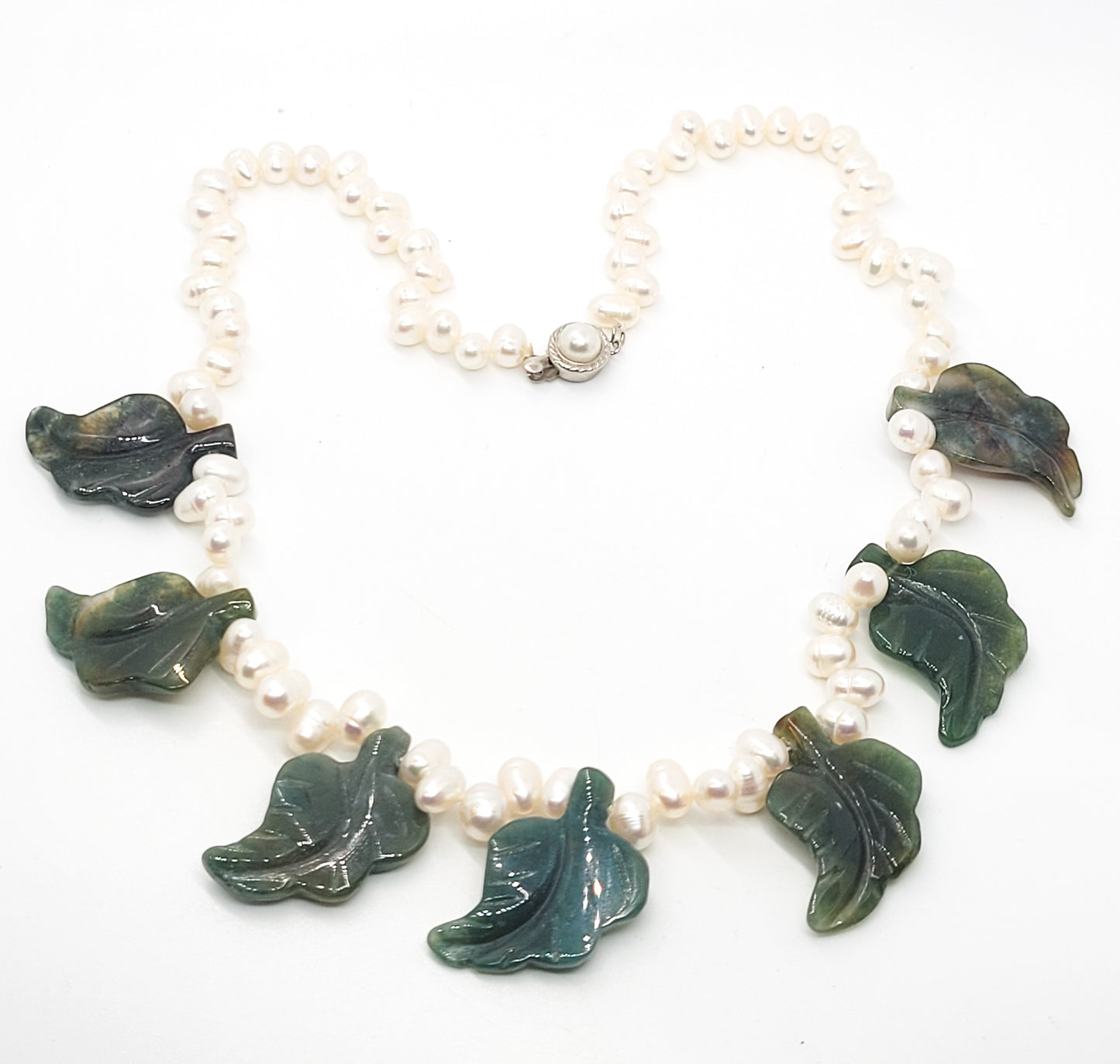 Freshwater pearl and carved Moss Agate artisan gemstone necklace