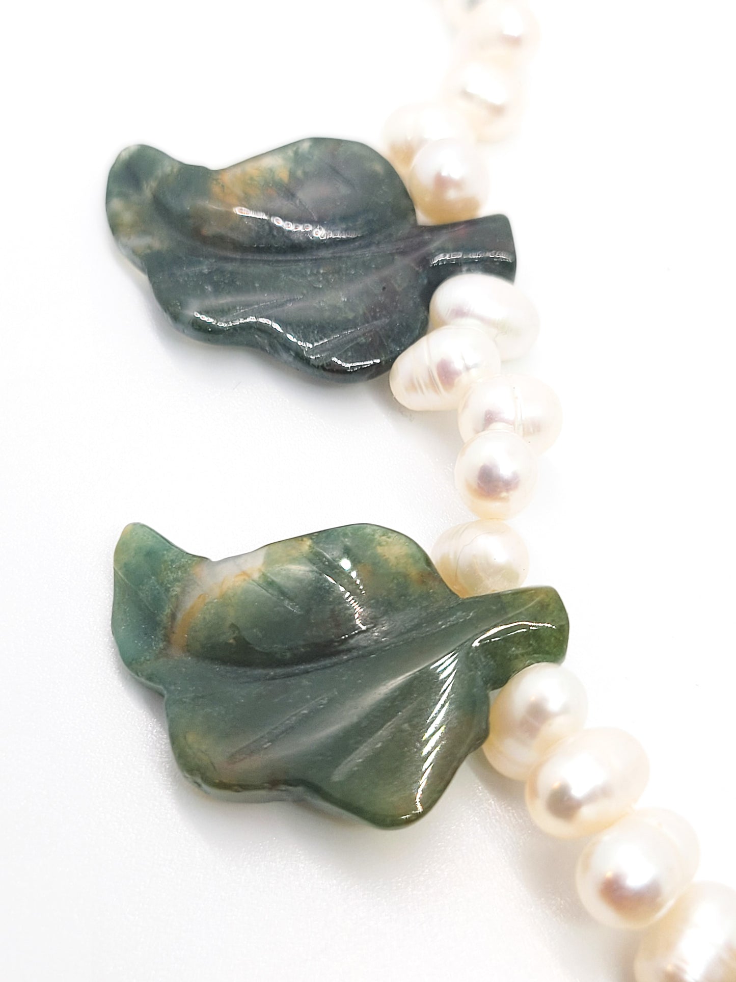 Freshwater pearl and carved Moss Agate artisan gemstone necklace