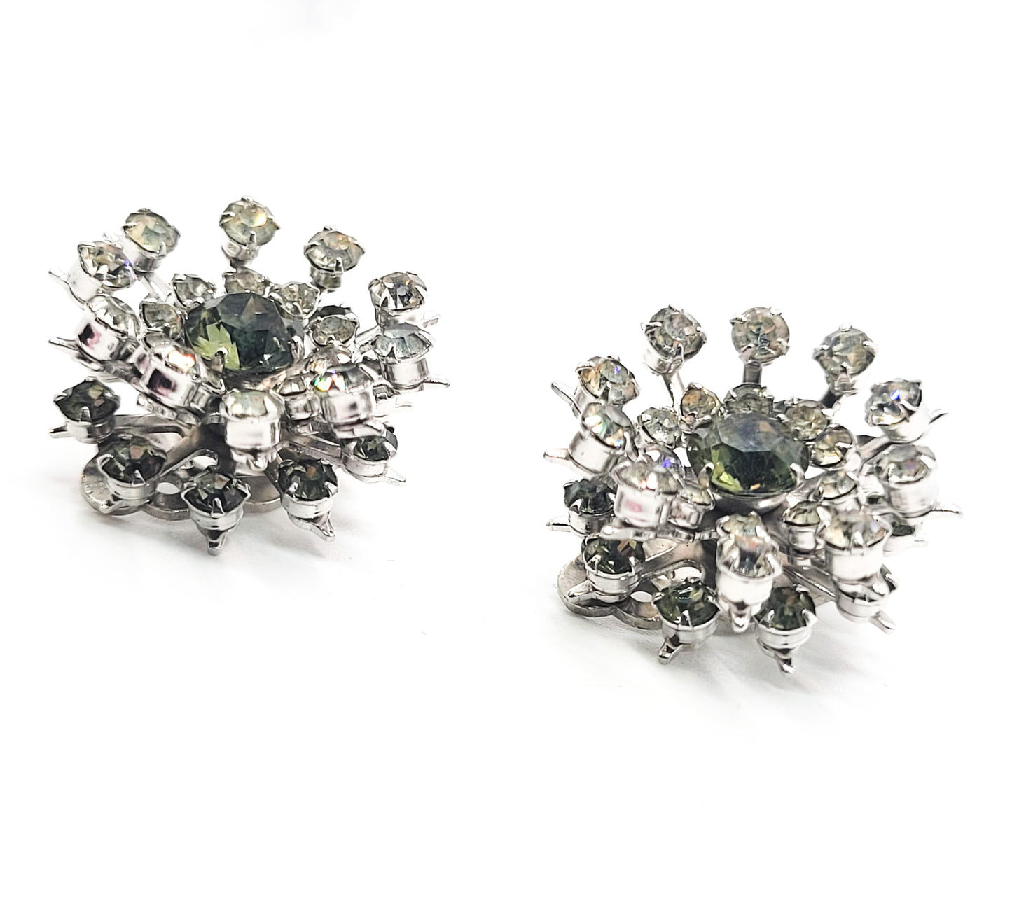Grey and clear vintage cluster layered rhinestone flower clip on earrings