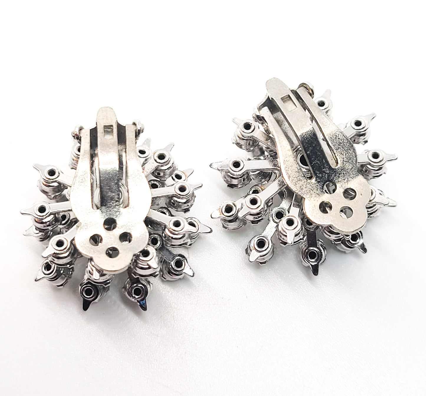 Grey and clear vintage cluster layered rhinestone flower clip on earrings