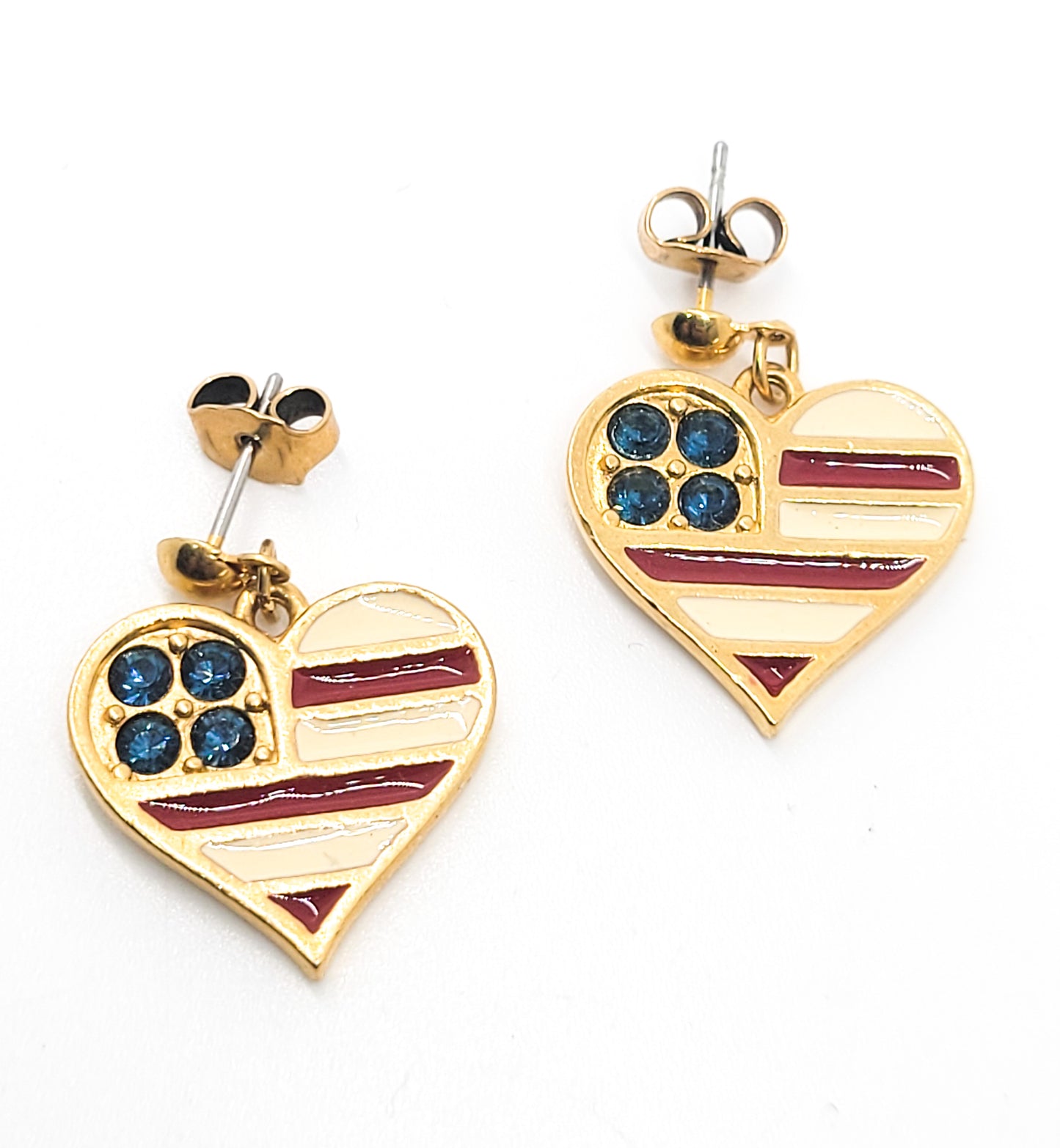 Avon Patriotic American flag rhinestone and enamel heart drop earrings 4th of July
