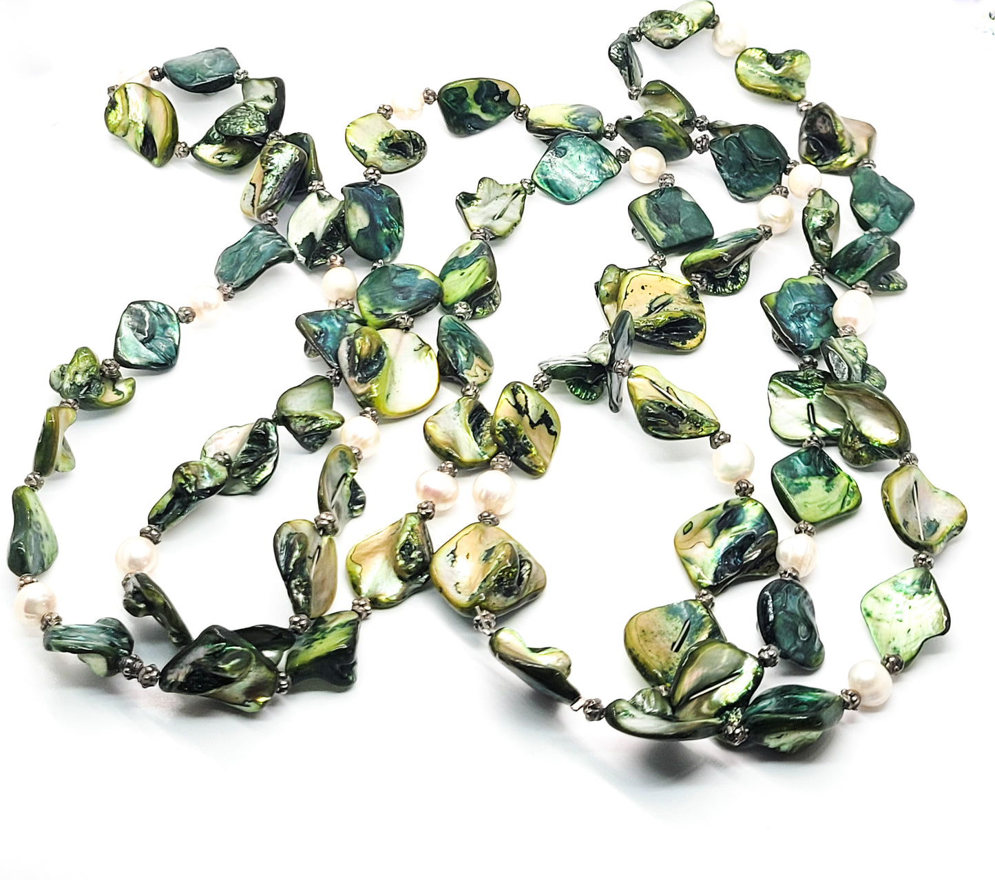 White Freshwater baroque pearl and green diamond mother of pearl shell necklace