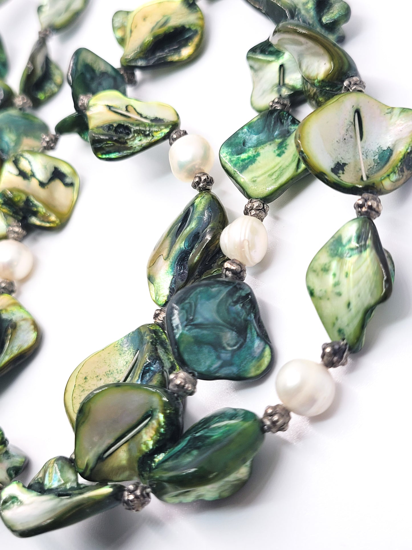 White Freshwater baroque pearl and green diamond mother of pearl shell necklace