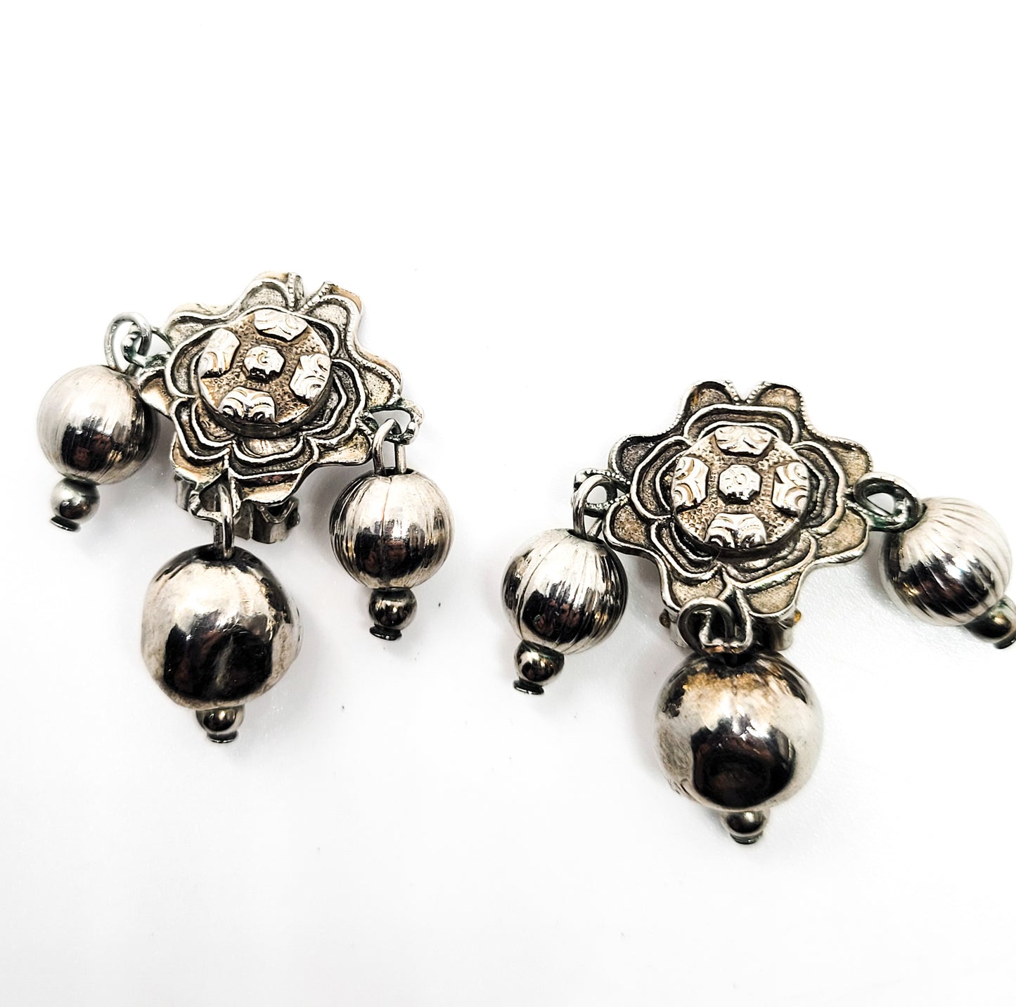 Tribal Artisan silver toned flower with drop beads vintage clip on earrings