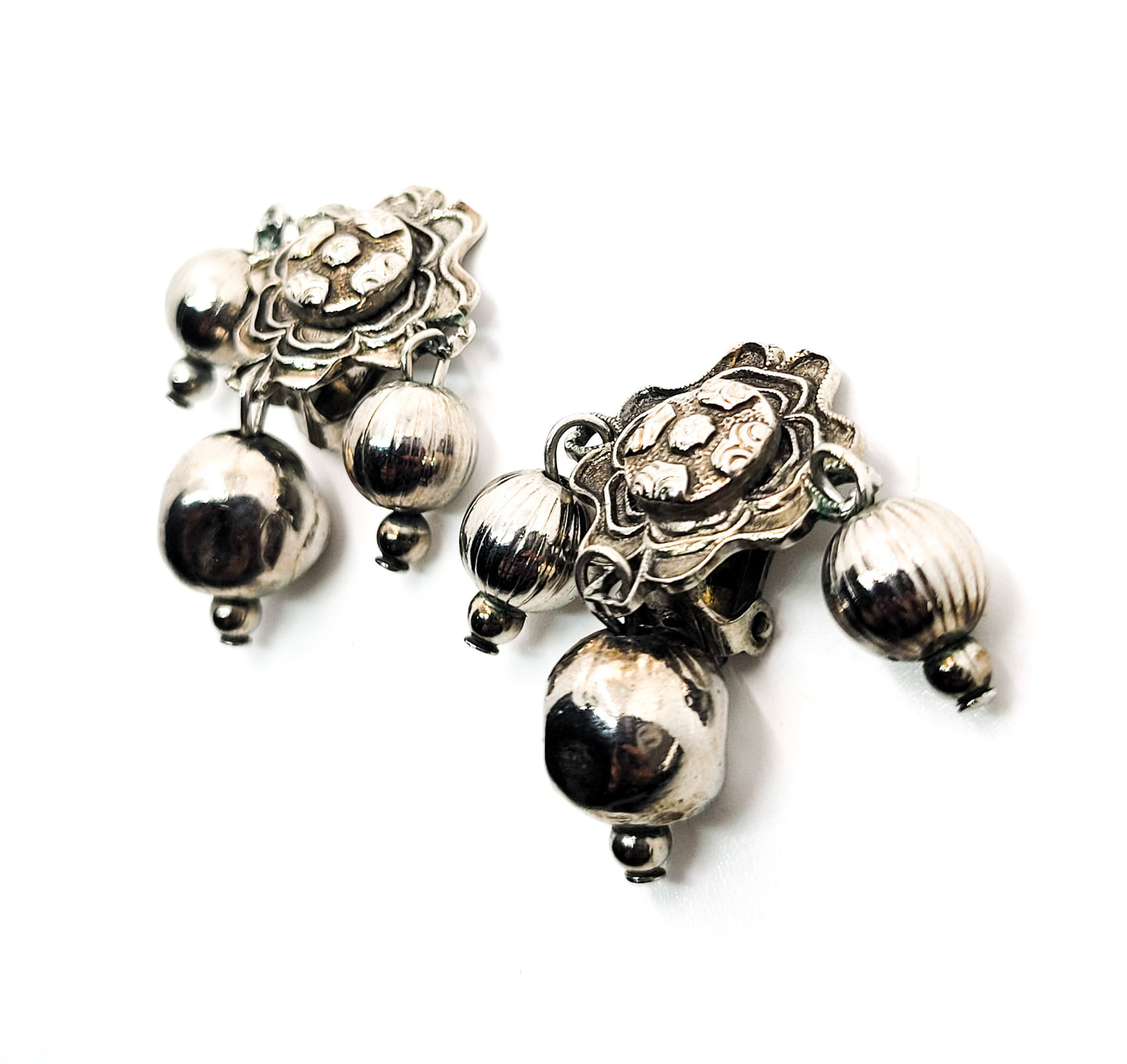 Tribal Artisan silver toned flower with drop beads vintage clip on earrings