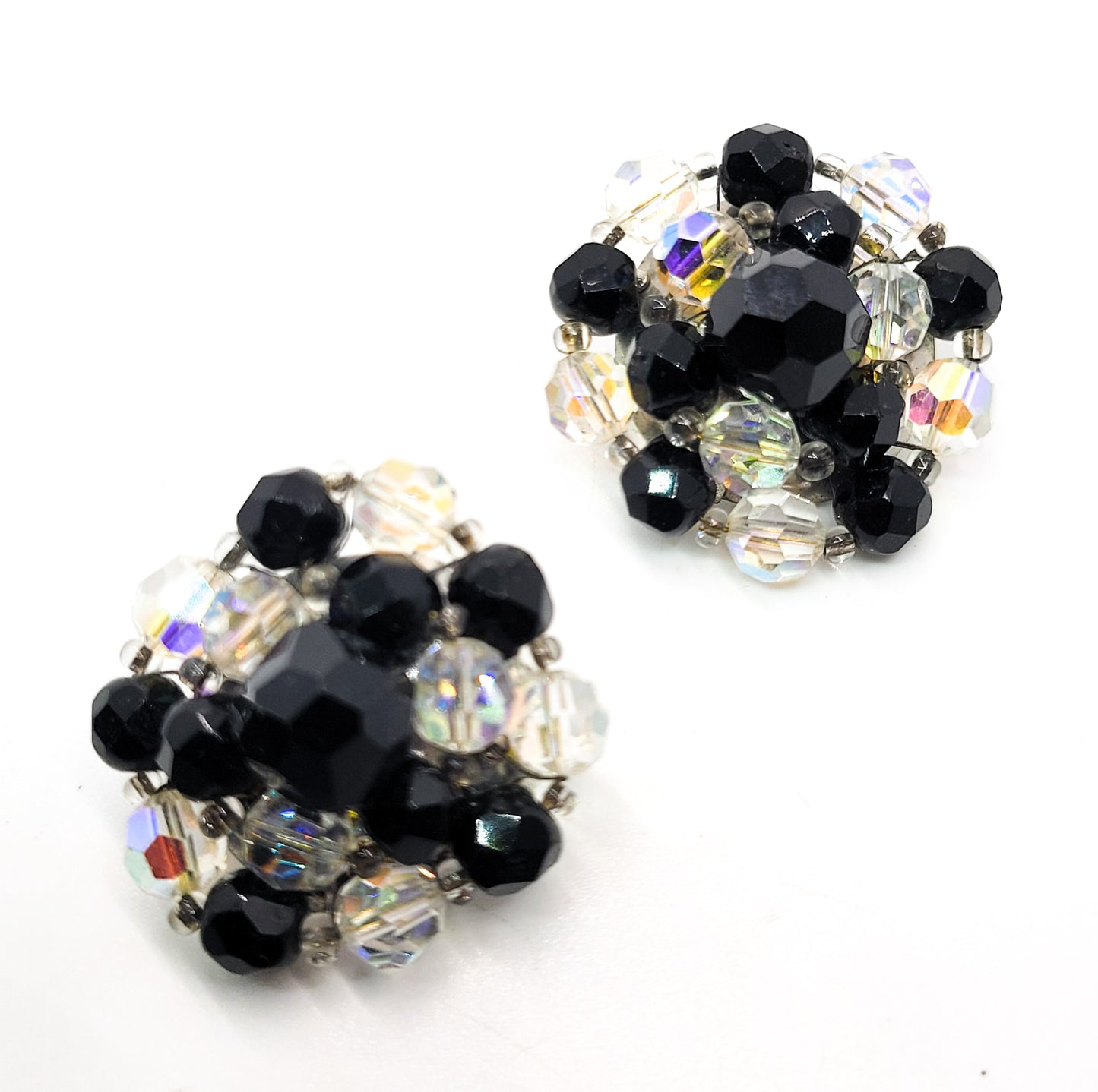 Austrian crystal black and aurora borealis rainbow beaded vintage clip on earrings