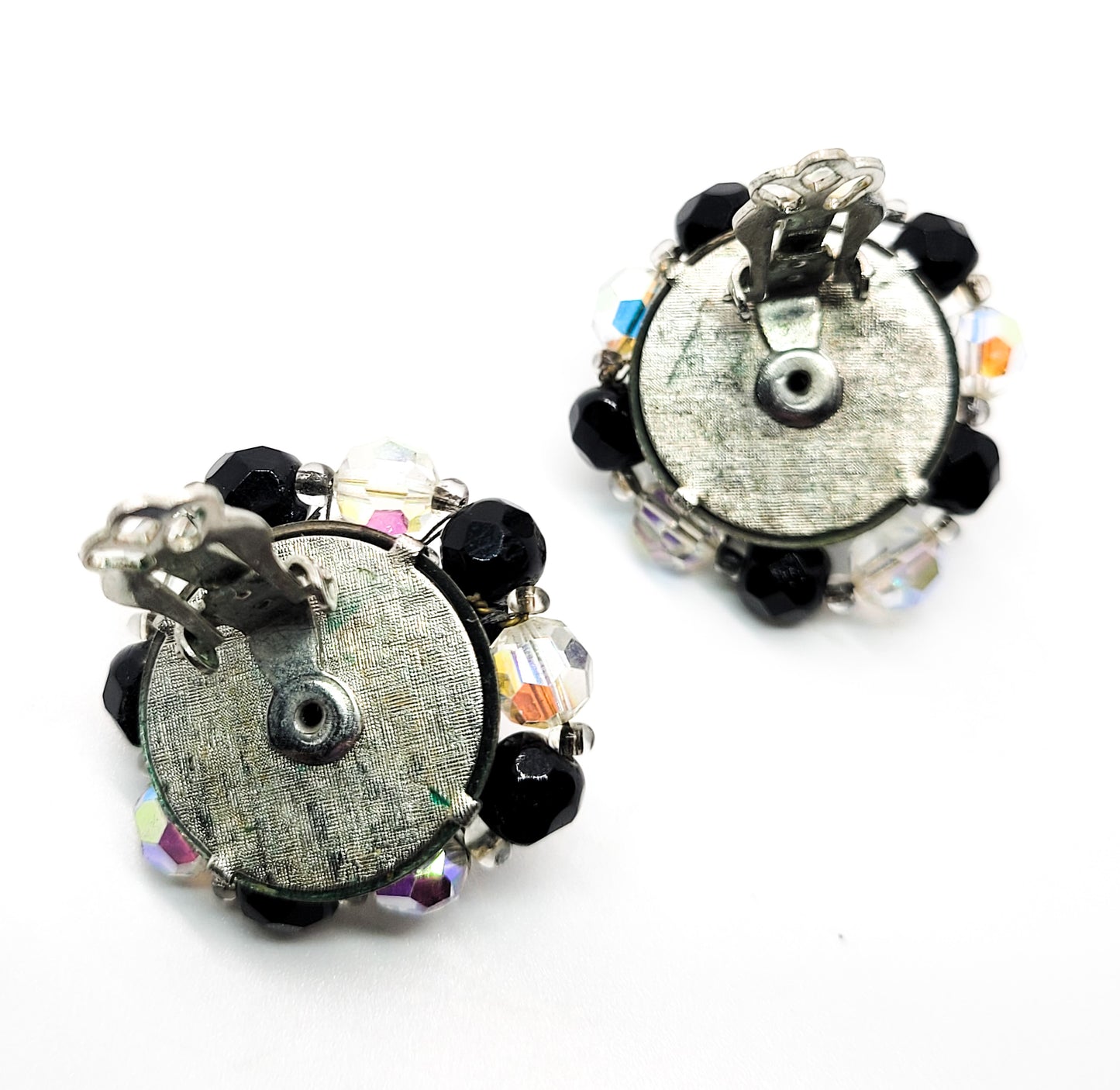 Austrian crystal black and aurora borealis rainbow beaded vintage clip on earrings