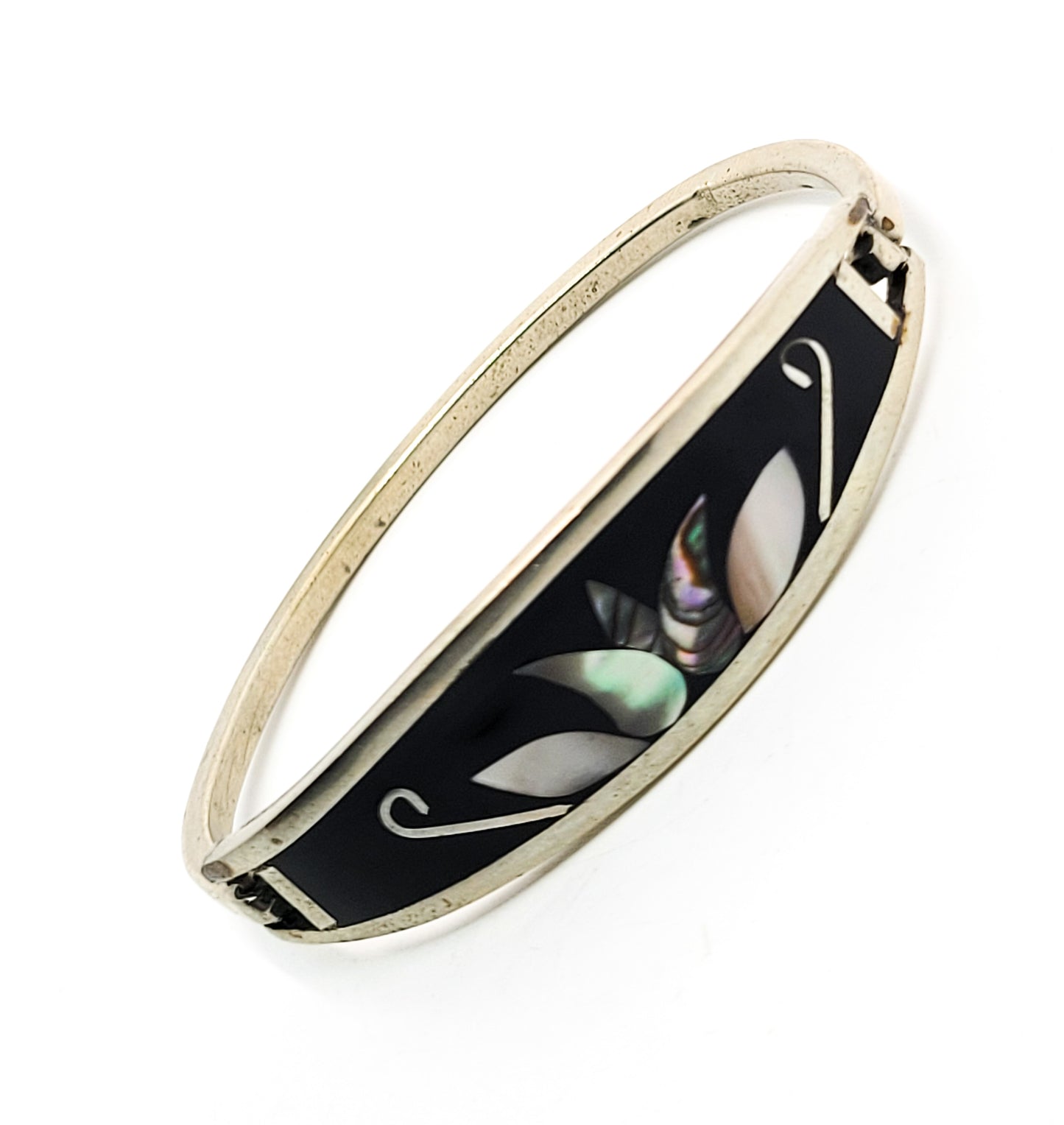 Lotus mother of pearl Abalone black and silver vintage hingled bangle bracelet