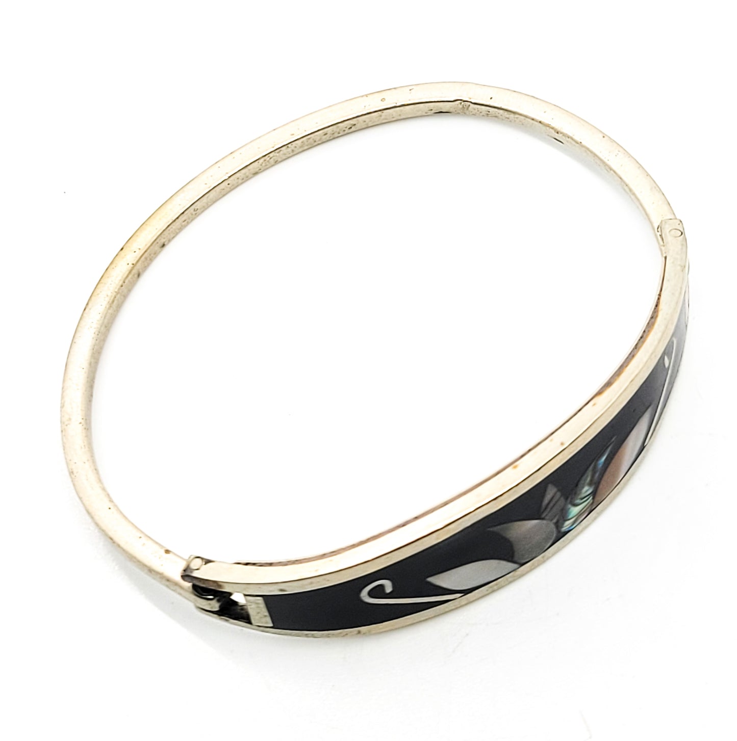 Lotus mother of pearl Abalone black and silver vintage hingled bangle bracelet