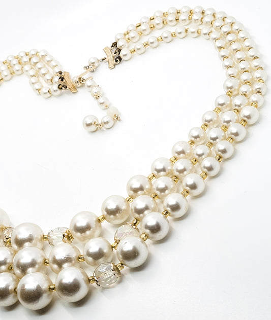 Mid century 3 tiered faux pearl and told Austrian crystal vintage gradutated necklace