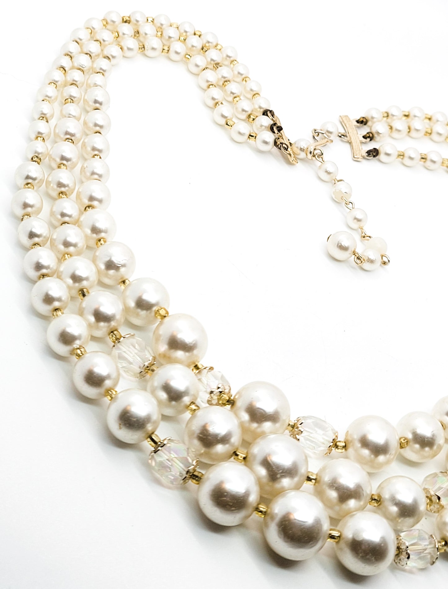 Mid century 3 tiered faux pearl and told Austrian crystal vintage gradutated necklace