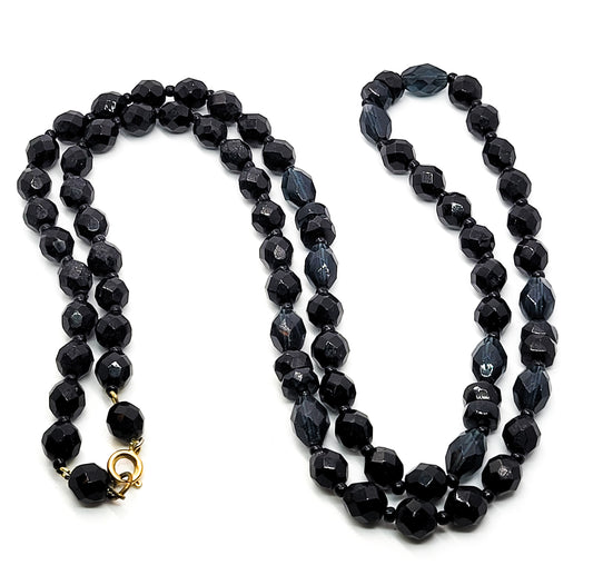 Retro Faceted black glass beaded hand knotted silk strung vintage necklace