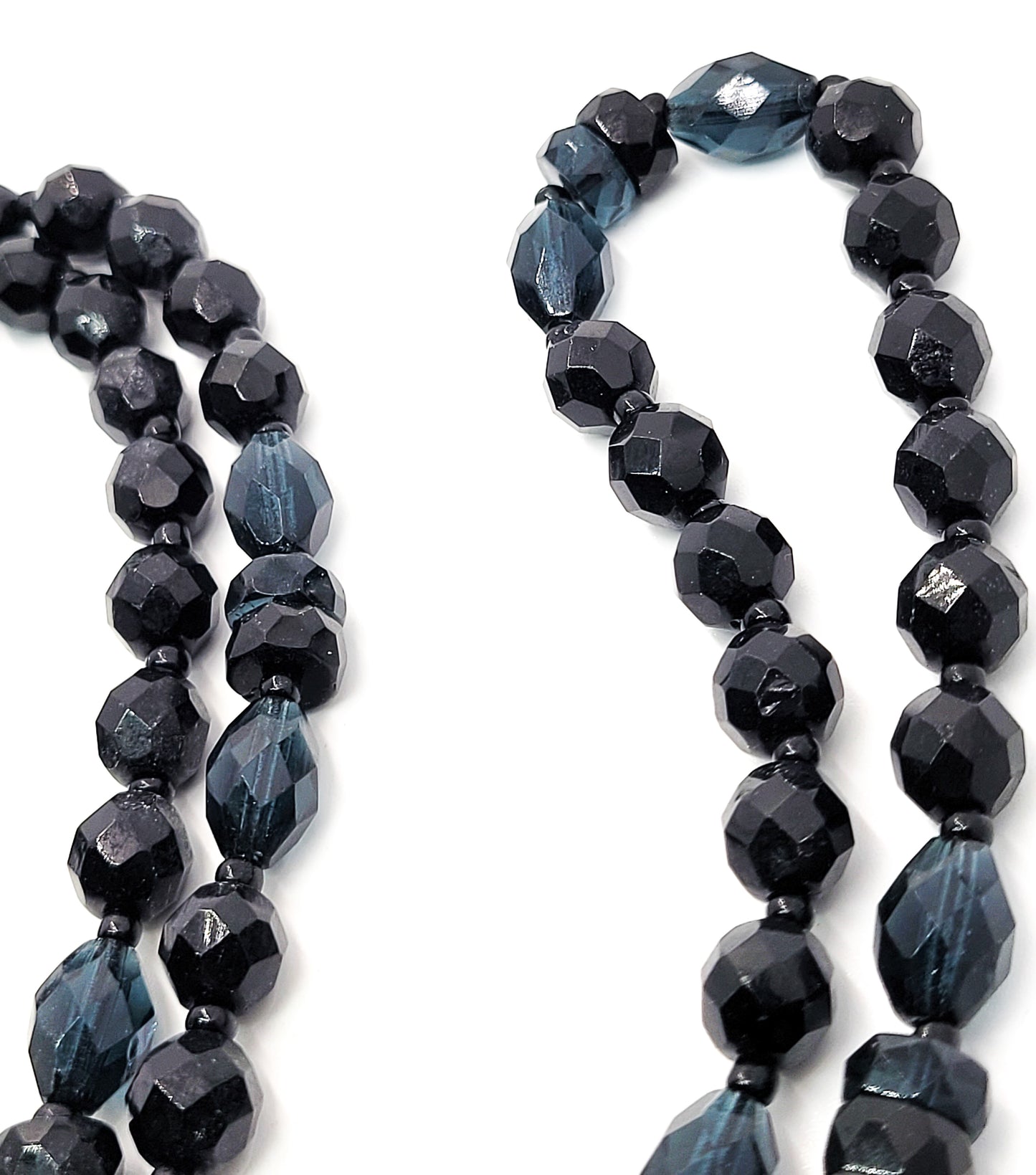 Retro Faceted black glass beaded hand knotted silk strung vintage necklace