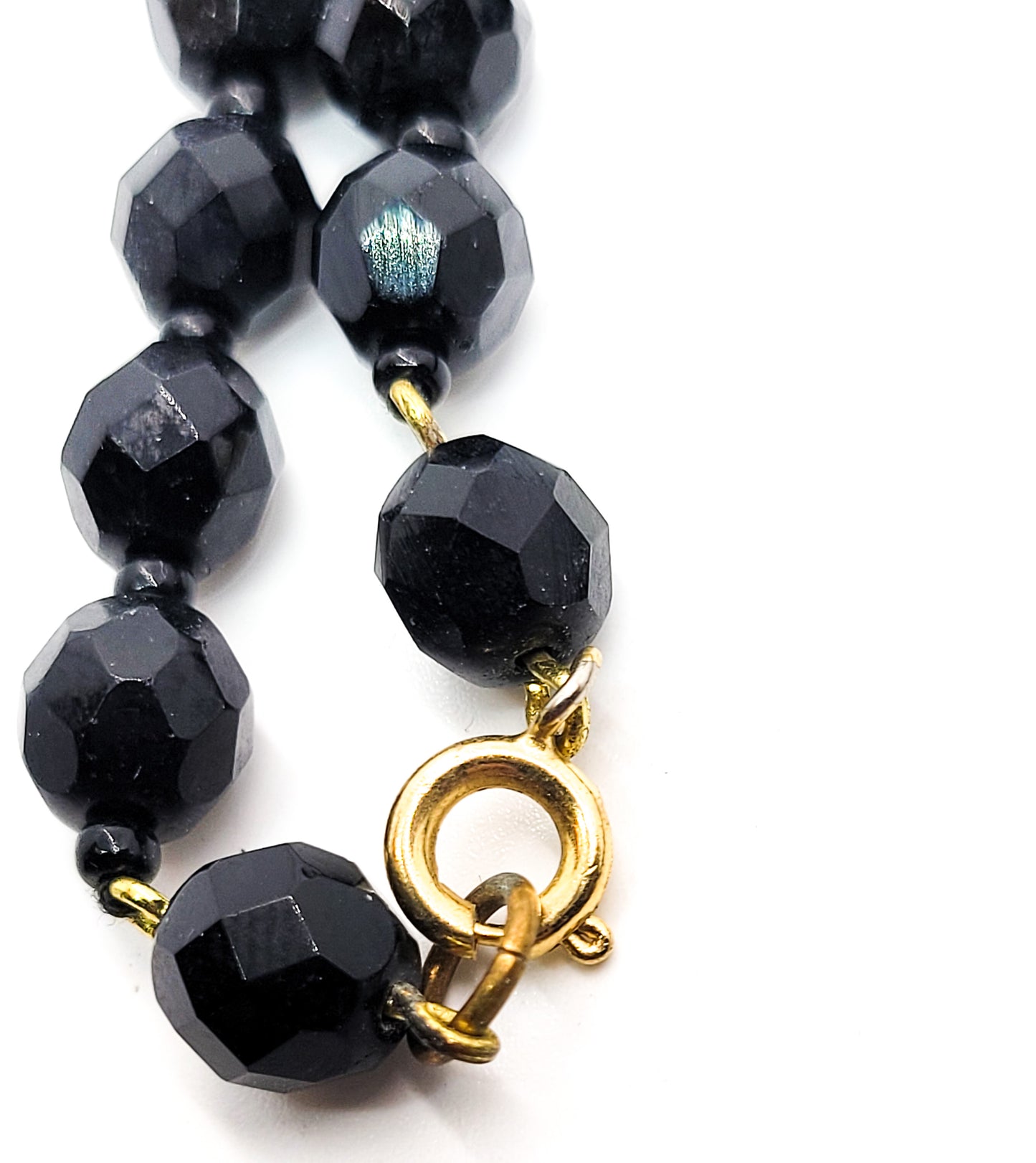 Retro Faceted black glass beaded hand knotted silk strung vintage necklace