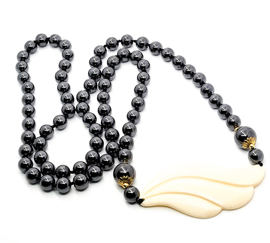 Retro 1980's hematite beaded Modernist heavy gemstone necklace 33 inches 8mm