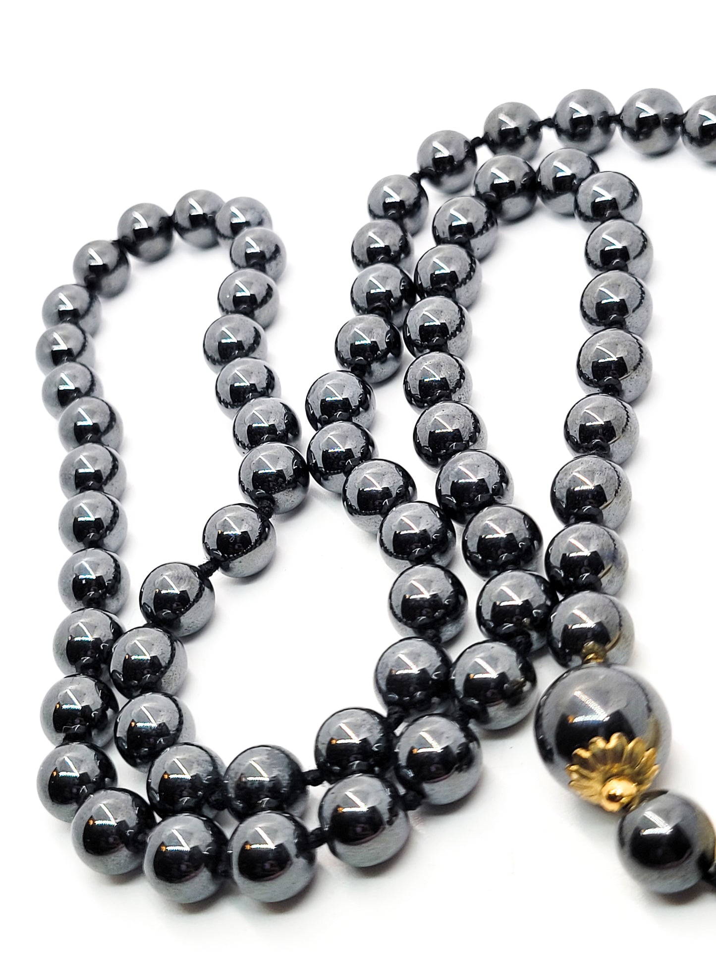 Retro 1980's hematite beaded Modernist heavy gemstone necklace 33 inches 8mm
