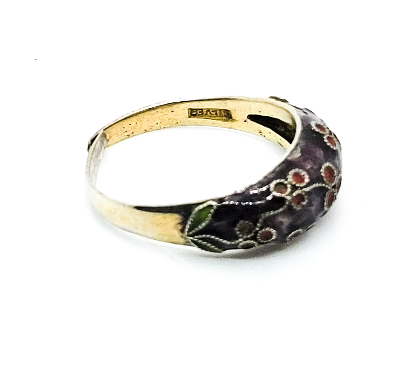 Chinese Export purple enamel and red flower vermeil gold over sterling vintage ring