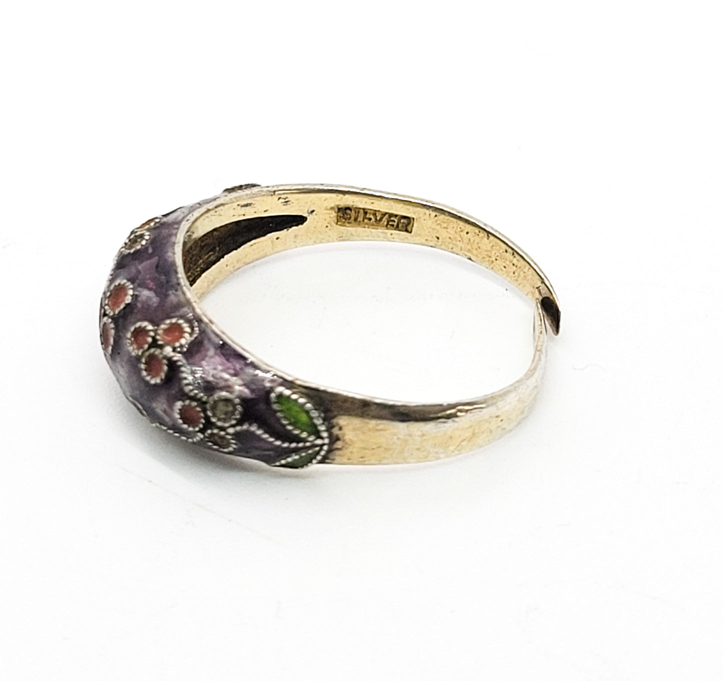 Chinese Export purple enamel and red flower vermeil gold over sterling vintage ring
