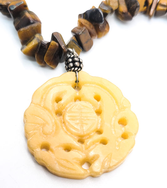Double Dragon carved light honey Jadeite sterling silver tiger's eye chip necklace