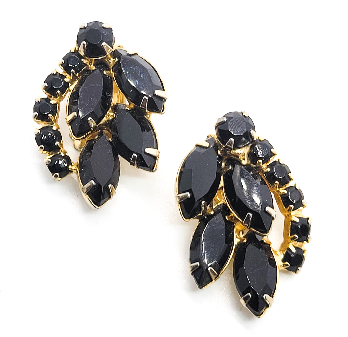 Black and gold prong set vintage Navette cut rhinestone clip on earrings