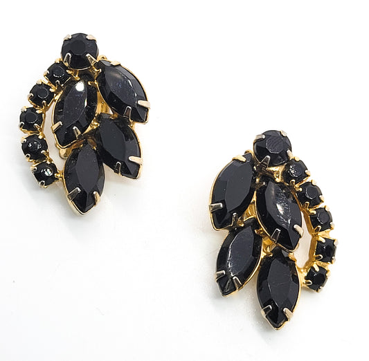 Black and gold prong set vintage Navette cut rhinestone clip on earrings