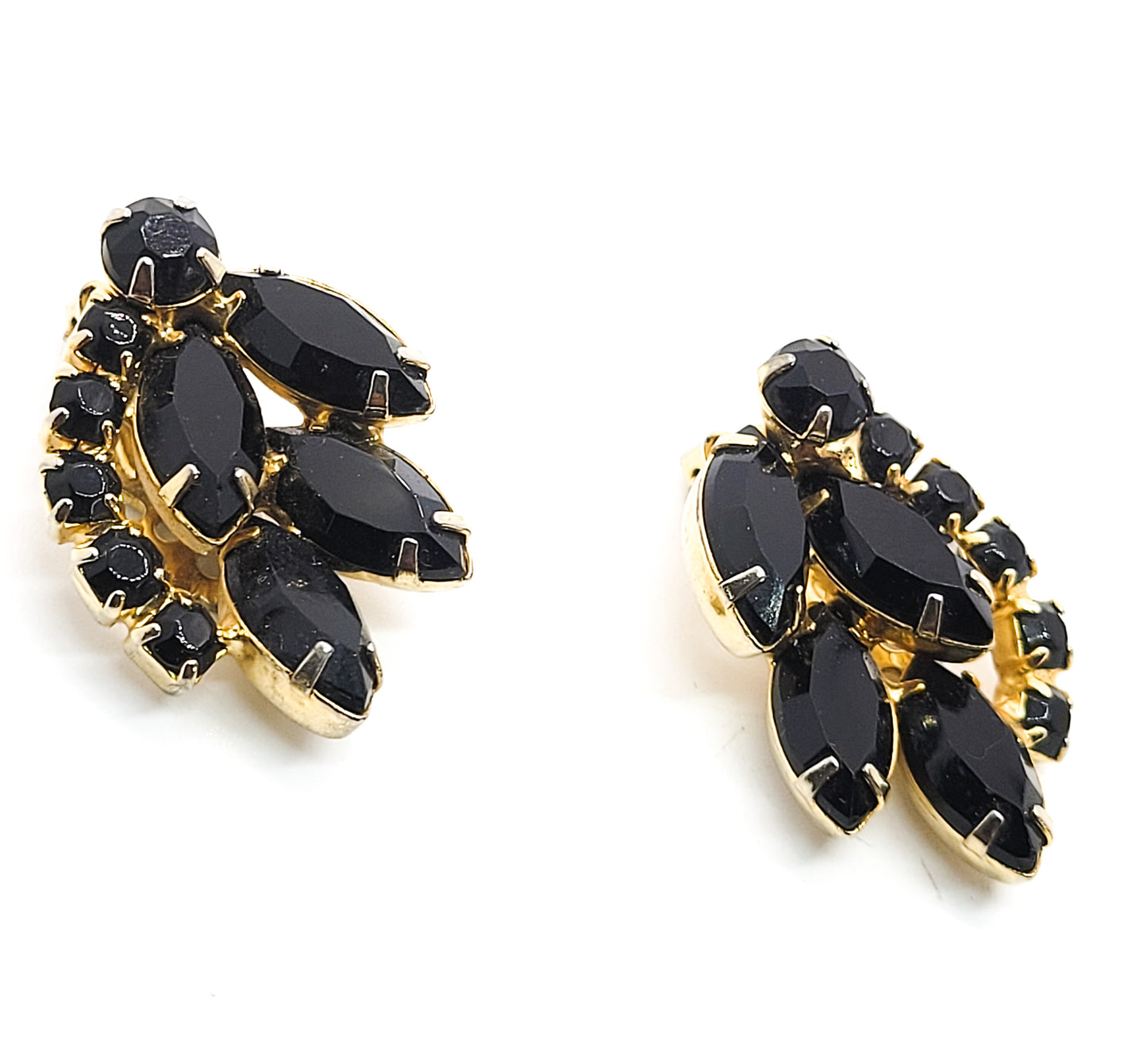 Black and gold prong set vintage Navette cut rhinestone clip on earrings