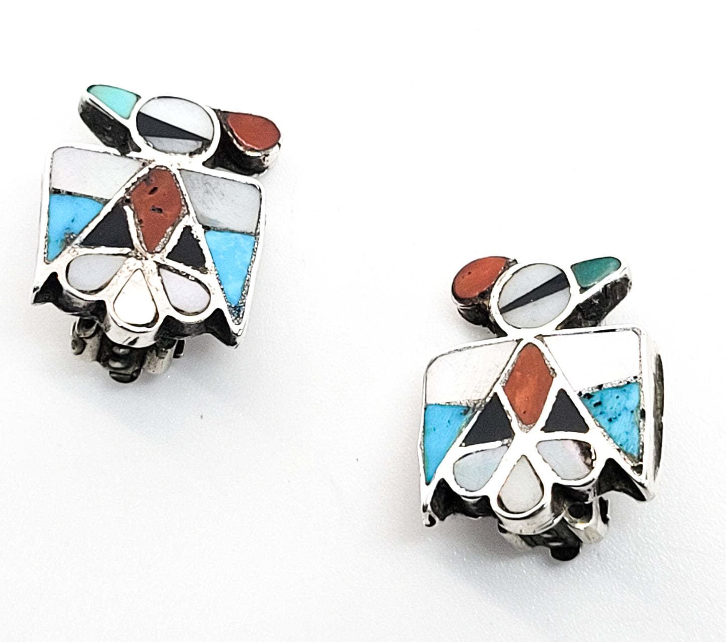 Thunderbird Zuni Native American NA sterling silver inlay vintage clip on earrings