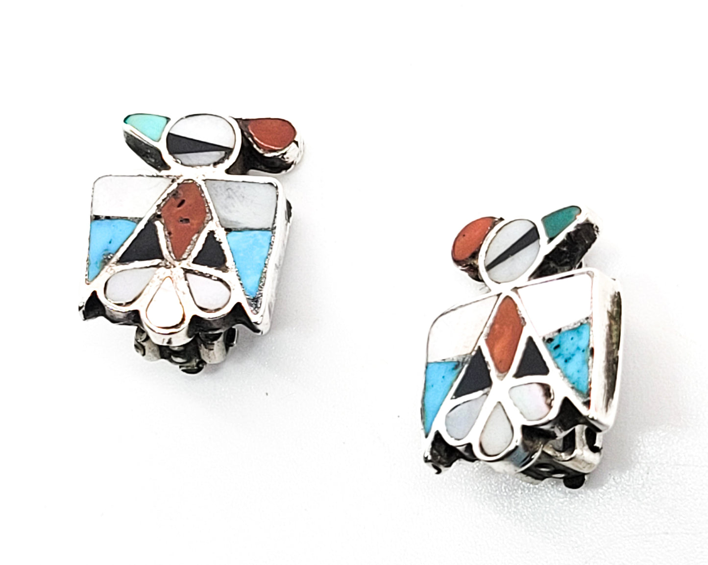 Thunderbird Zuni Native American NA sterling silver inlay vintage clip on earrings