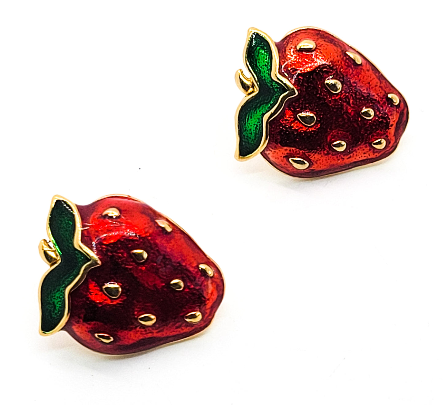 Strawberry red and green enamel gold toned vintage post earrings
