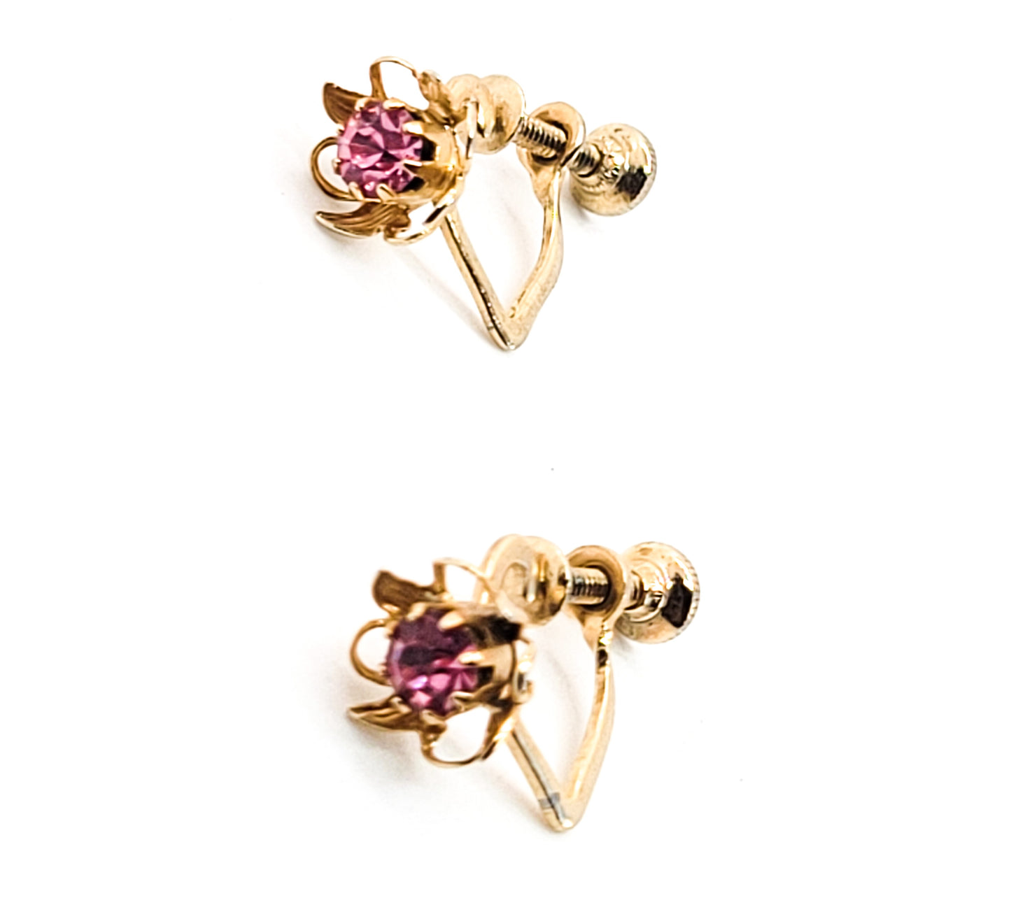 Gold heart hoop earrings with pink rhinestone flower vintage screw back