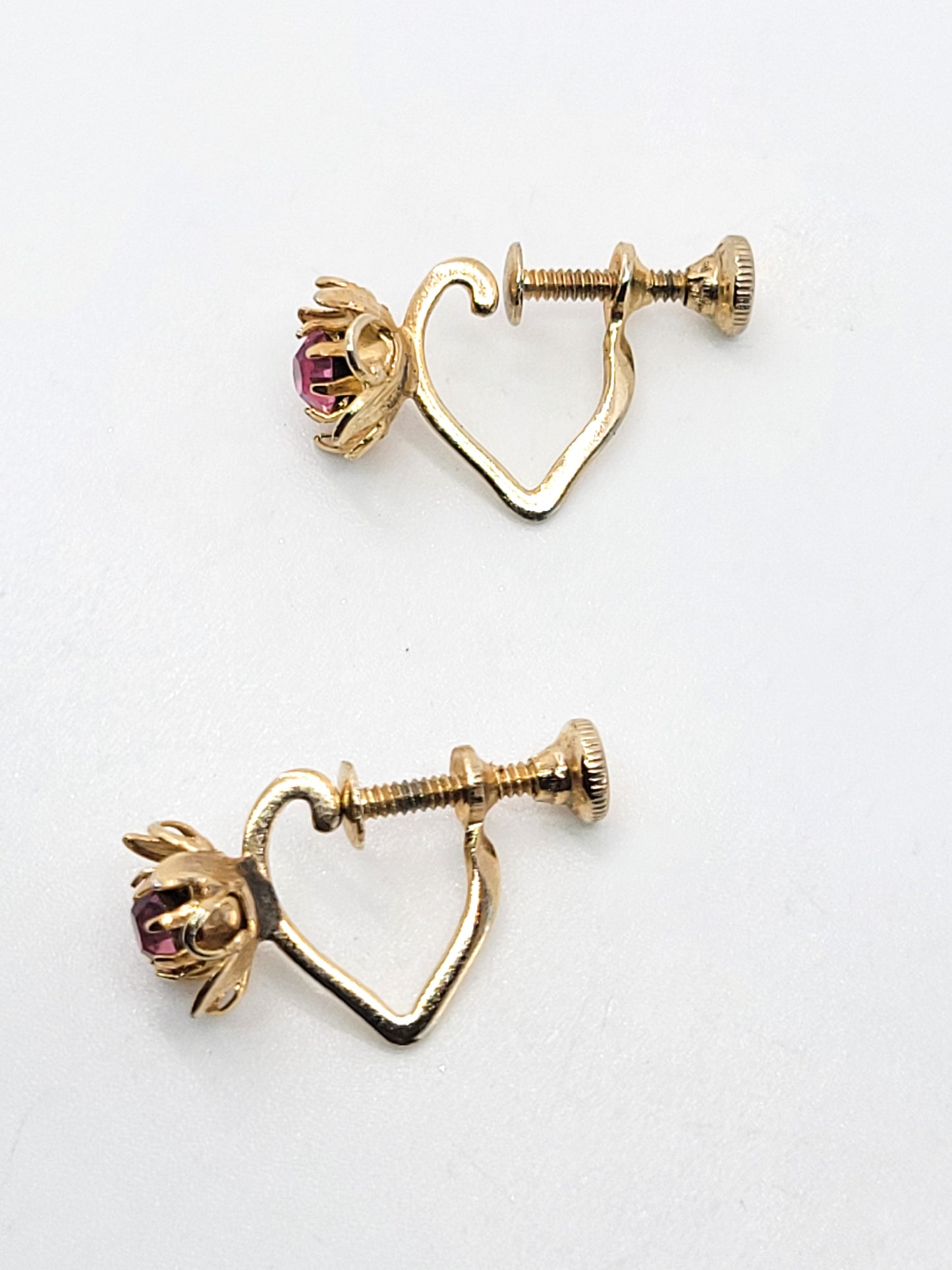 Gold heart hoop earrings with pink rhinestone flower vintage screw back