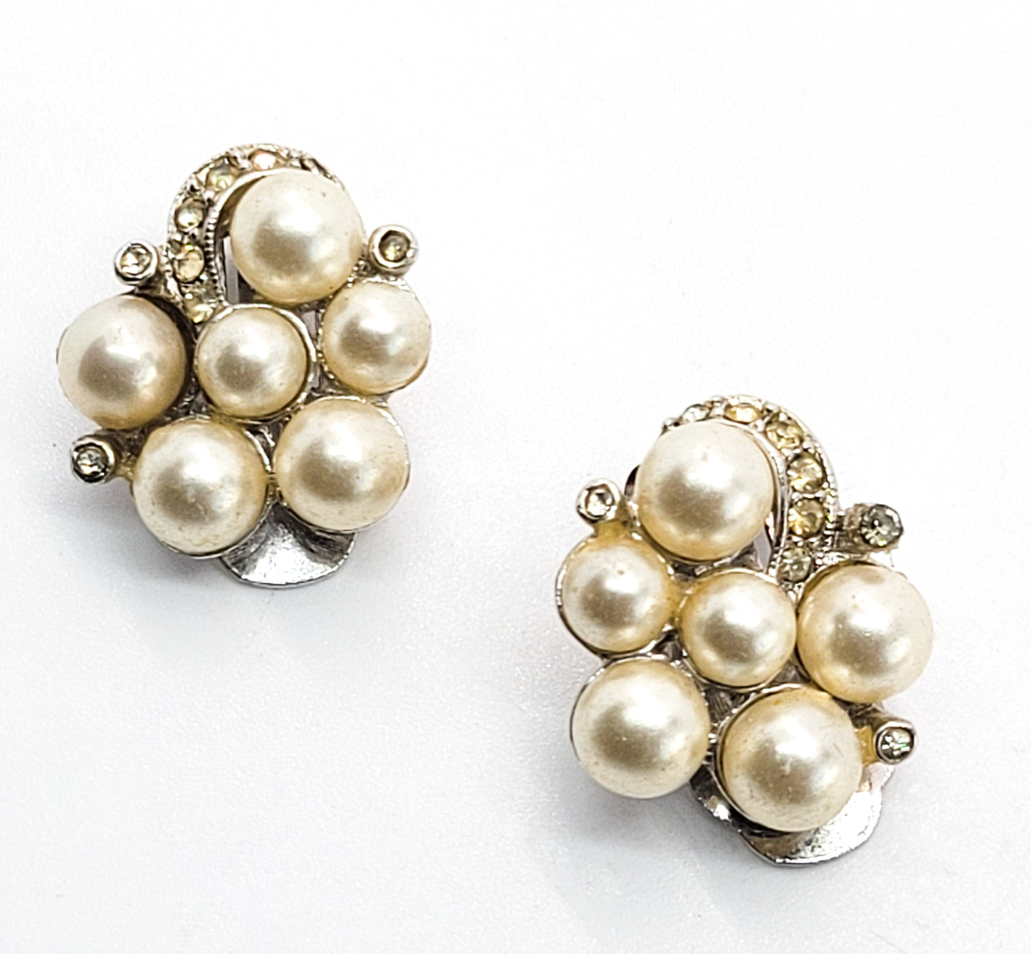Richelieu pearl and pave rhinestone vintage clip on cluster earrings