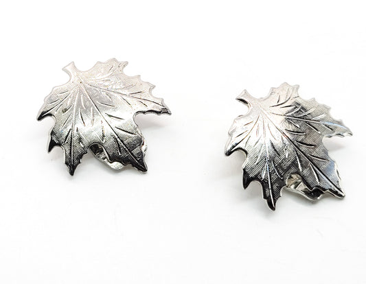 Maple leaf etched silver toned vintage clip on earrings