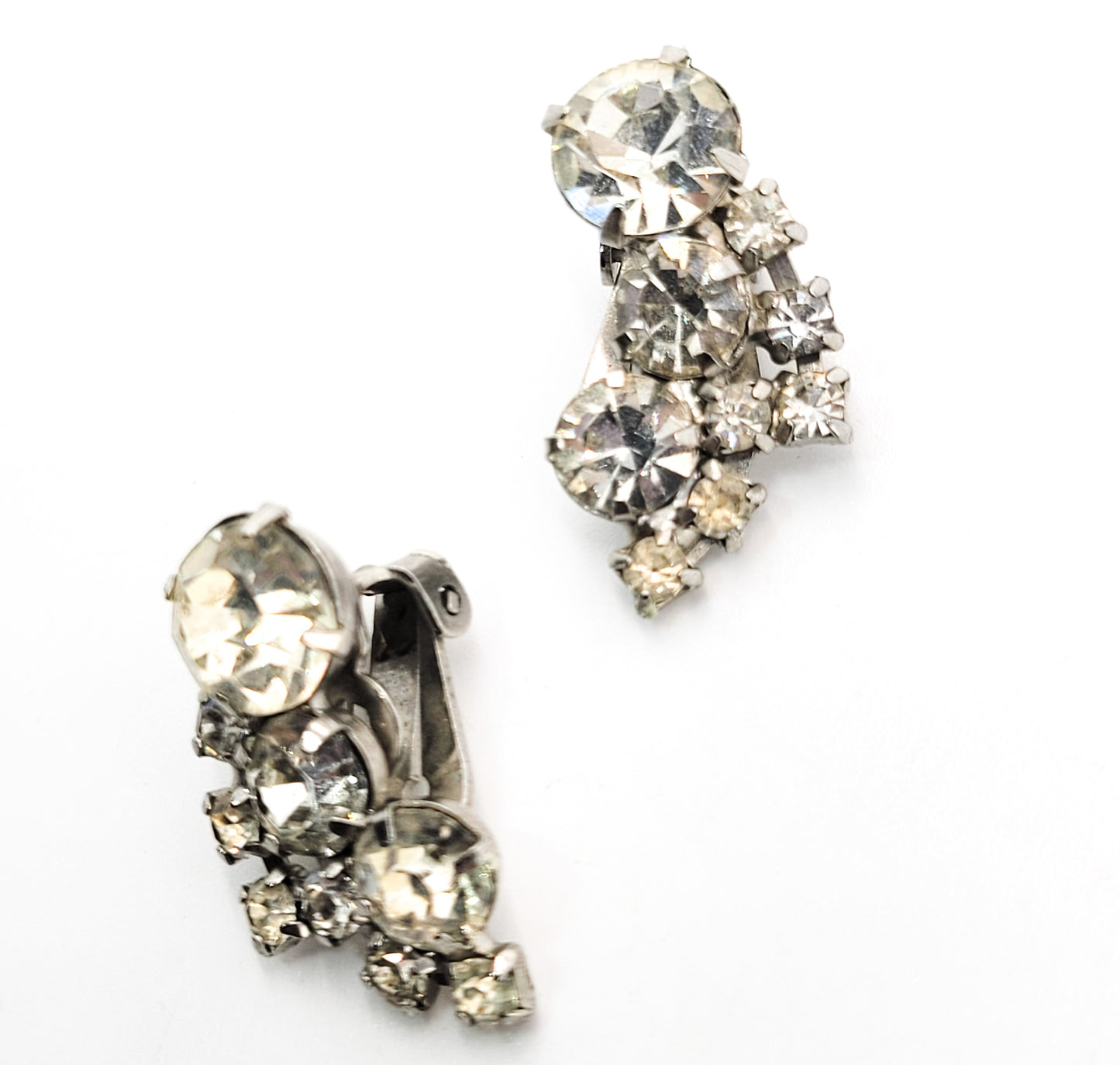 Script Coro signed Clear rhinestone vintage clip on cluster earrings mid century