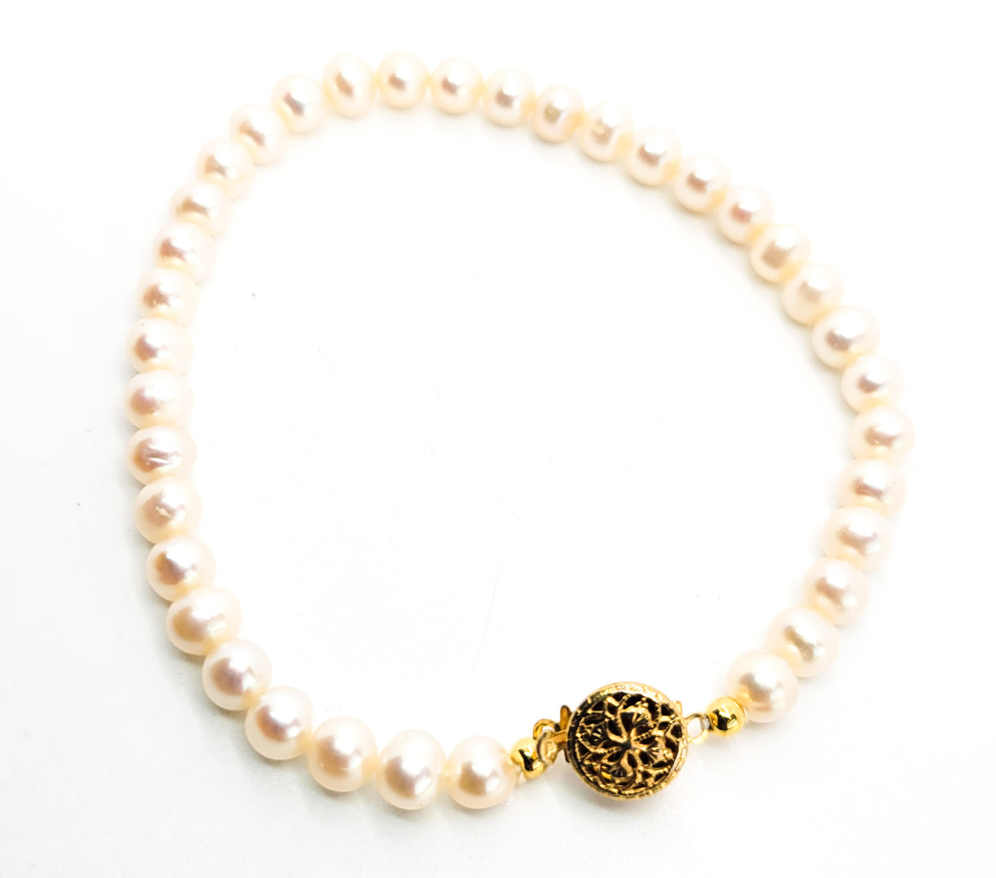 Cream natural 6mm freshwater pearl single strand vintage tennis bracelet gold toned