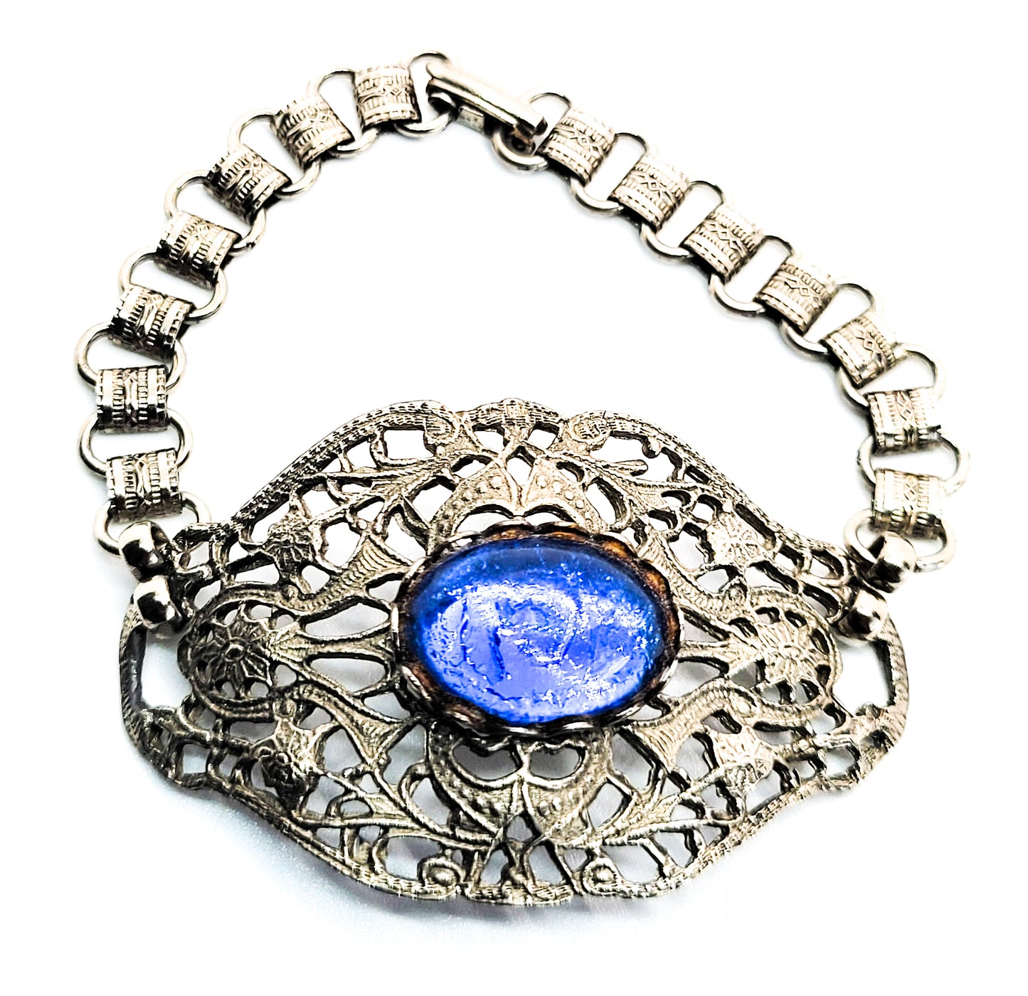 Blue glass vintage silver toned book chain pressed filigree bracelet