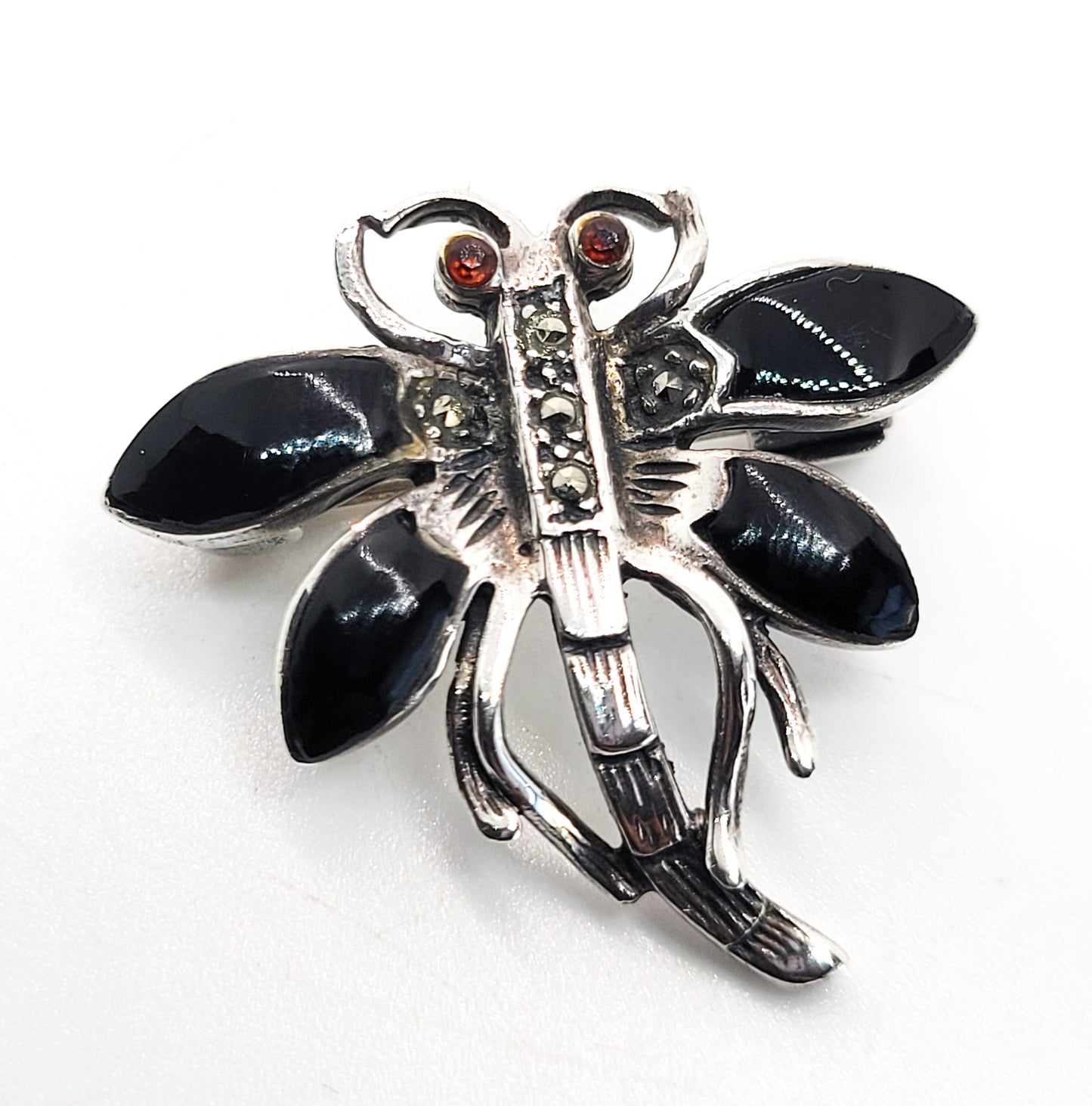 Dragonfly black onyx and marcasite sterling silver brooch with red eyes
