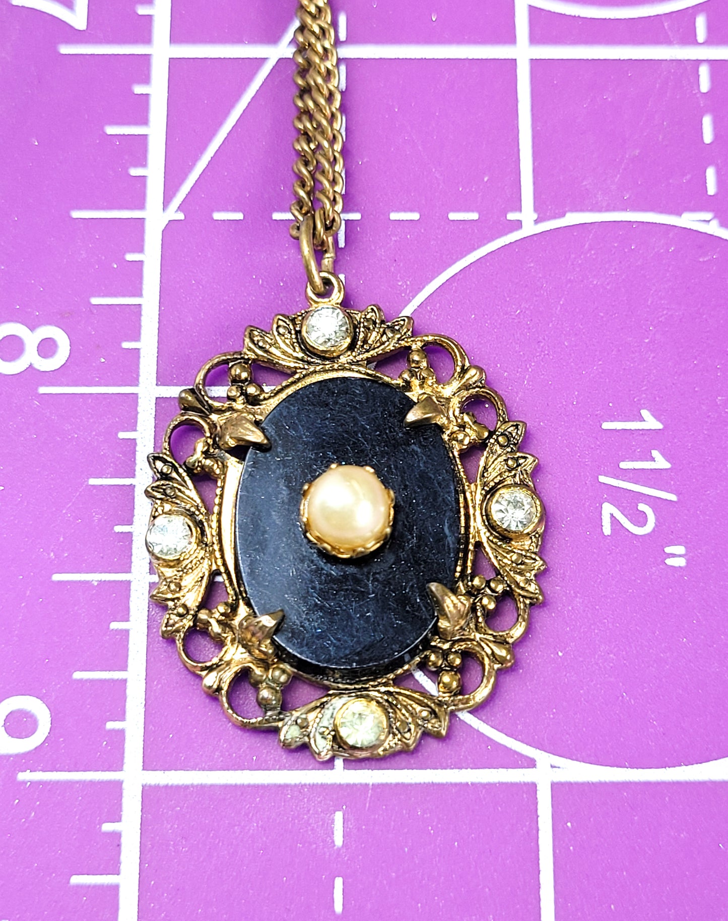 Victorian Revival faux pearl and rhinestone vintage gold toned necklace