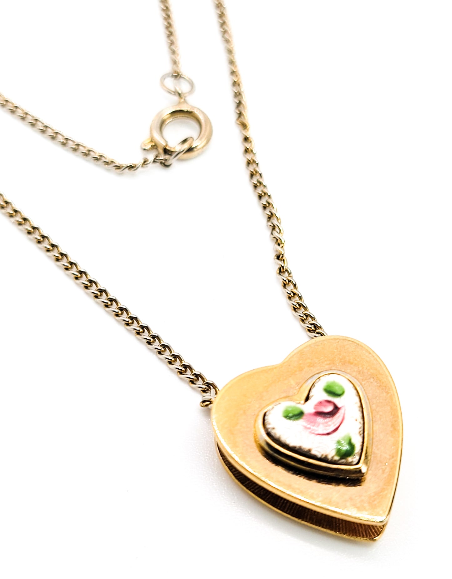 Pink Guilloche enamel rose gold toned vintage slide pendant necklace