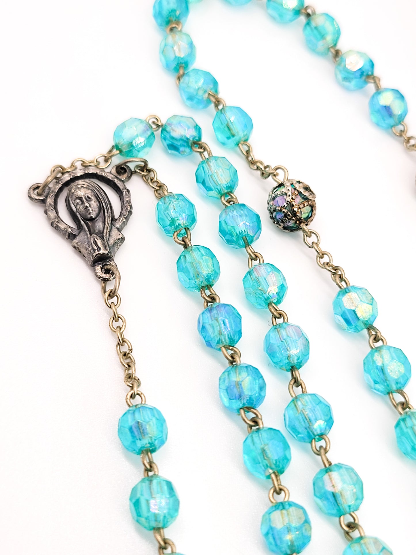 Aqua blue Austrian crystal aurora borealis beaded vintage rosary crucifix with holder