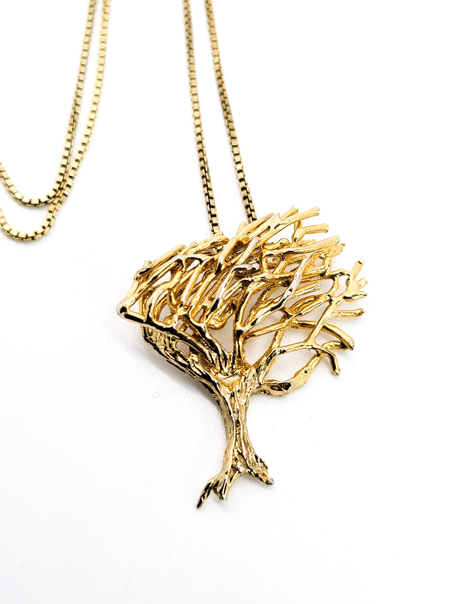 Brutalist gold over sterling silver vermiel vintage signed tree pendant necklace
