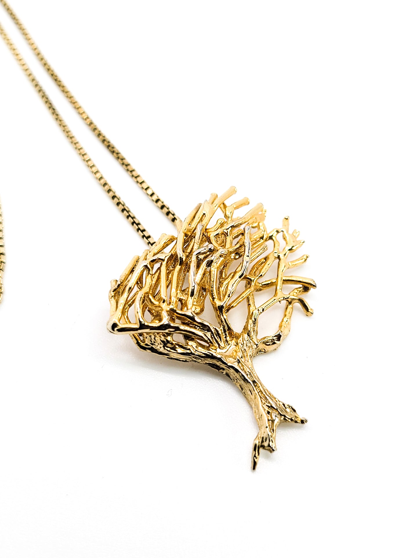 Brutalist gold over sterling silver vermiel vintage signed tree pendant necklace