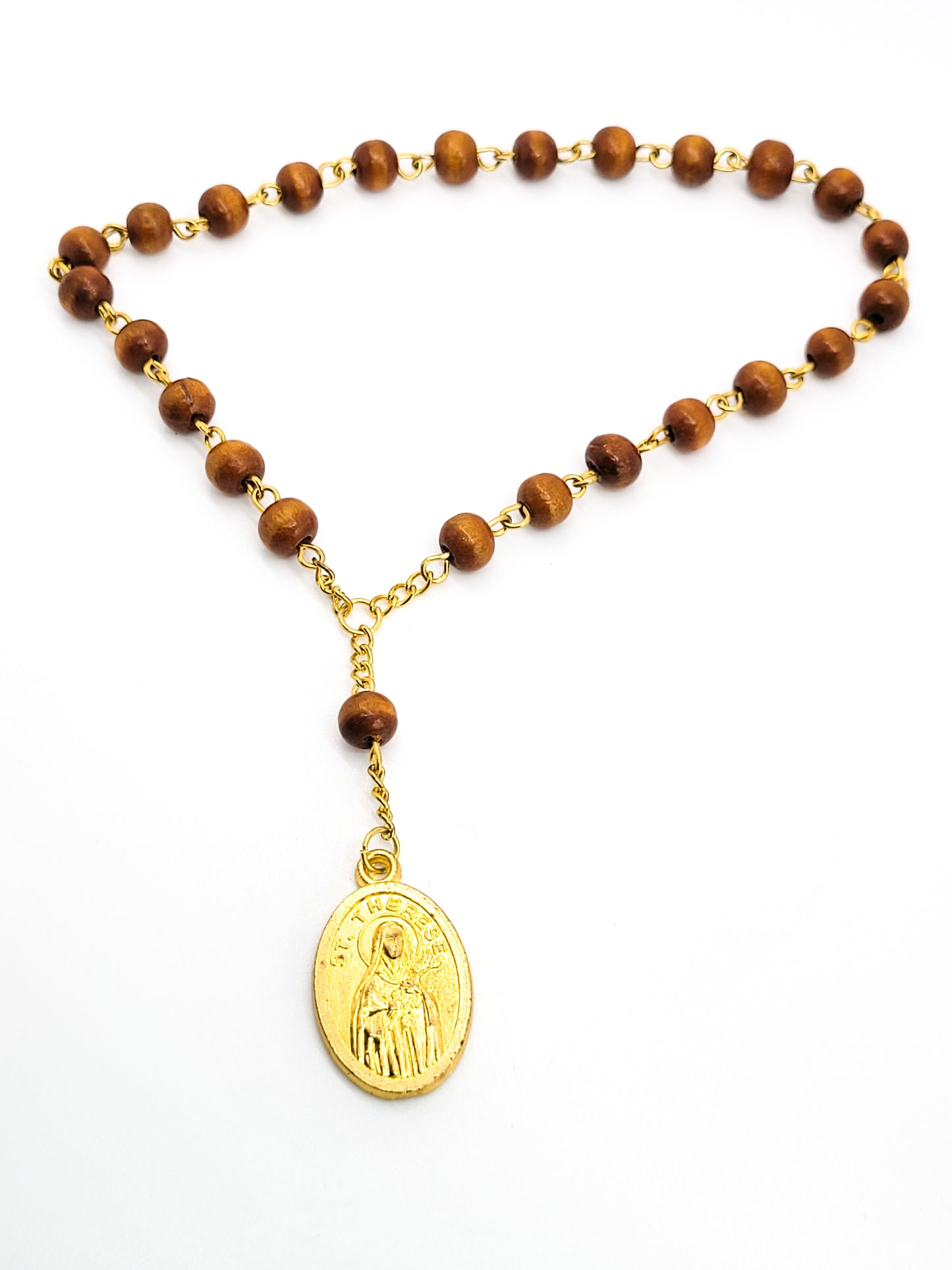 St Therese Ex Indumentis Wood Bead Prayer Religious Relic Bracelet